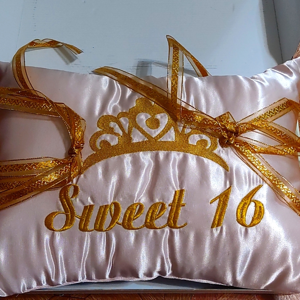 Quinceniera/ Sweet 16 shoe pillow. Color blush pink with gold writing.